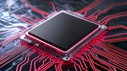 Wall Mural - Close up view of a central processing unit (cpu) chip on a circuit board. The chip is square and dark gray/black with glowing red/pink traces of