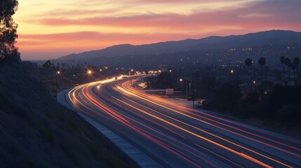 Fototapete - A scenic view of an expressway at dusk, with the last rays of sunlight illuminating the road and distant buildings, creating a peaceful yet vibrant atmosphere for evening travelers.