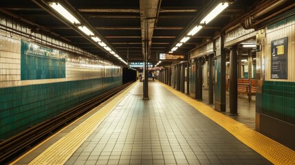 Poster - A serene image of an empty subway platform with soft lighting, creating a calm atmosphere, perfect for capturing the quieter moments of urban transportation.
