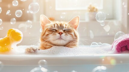 Poster - A serene scene of a cat relaxing in a bathtub, surrounded by bubbles and colorful bath toys, illustrating the calming side of bath time for pets.