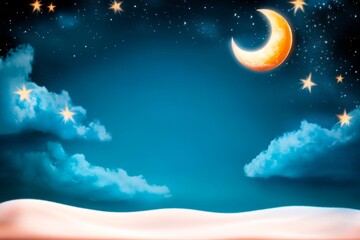 Wall Mural - night sky over snowy landscape - serene night scene with a crescent moon, stars, and fluffy clouds o