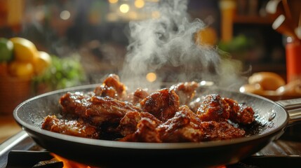 Wall Mural - A sizzling skillet of fried pork ribs being served directly from the pan, with steam rising and a vibrant kitchen backdrop, highlighting the delicious preparation process.