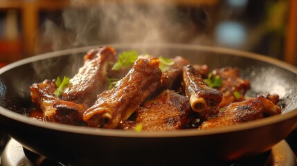 Wall Mural - A sizzling skillet of fried pork ribs being served directly from the pan, with steam rising and a vibrant kitchen backdrop, highlighting the delicious preparation process.