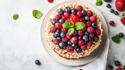 Poster - A top-down view of a delicious almond dessert, such as almond cake, elegantly plated and garnished with fresh fruits and mint, inviting viewers to indulge.