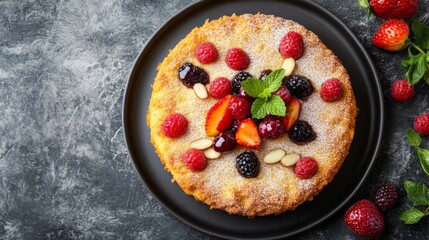 Poster - A top-down view of a delicious almond dessert, such as almond cake, elegantly plated and garnished with fresh fruits and mint, inviting viewers to indulge.