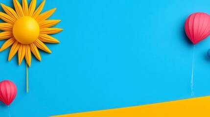 Poster - a vibrant, stylized graphic design features a paper sun, colorful paper balloons, and a gradient bac