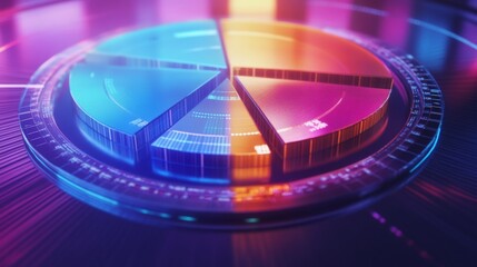 Aufkleber - A vibrant D pie chart with glass-like translucent sections, illuminated from below, each segment labeled with financial data in a futuristic setting.