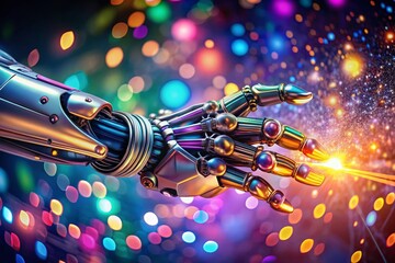 Poster - Futuristic Cybernetic Arm with Glowing Tool - Artistic Bokeh Background Stock Photo