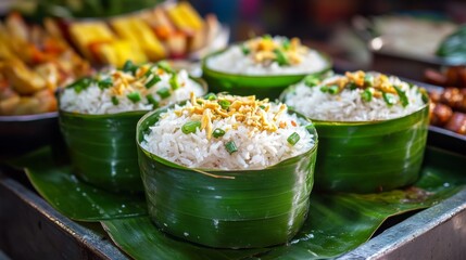 Poster - A warm image of jasmine rice served in a banana leaf cup at a festive Thai market, surrounded by colorful dishes, capturing the essence of Thai street food culture.