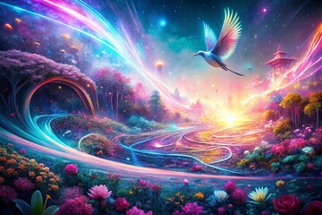 Poster - Futuristic Spring Blossom Long Exposure Abstract Background -  Glowing Neon Pastel Canvas Texture