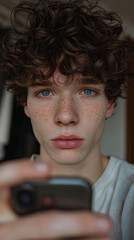 Wall Mural - A selfie of a 16-year-old boy with blue eyes and curly brown hair. 