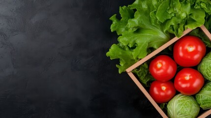 Sticker - Fresh vegetables, including red tomatoes and green leafy lettuce, arranged in a light wooden crate on a dark gray textured surface. The image is well