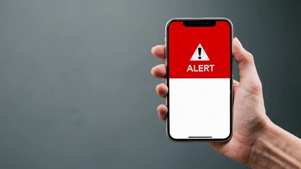 Poster - Warning notification displaying on smartphone screen while hand holding device, capturing urgent digital communication moment with intense red alert signaling potential emergency situation