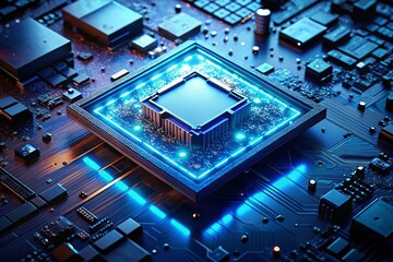 Poster - glowing blue circuit board processor macro stock photo