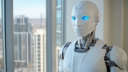 Poster - White Humanoid Robot with Blue Eyes in an Office Setting