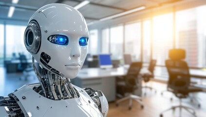Poster - White Humanoid Robot with Blue Eyes in an Office Setting