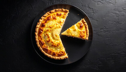 Wall Mural - A top-down view of a Danubio Salato savory pie arranged on a black ceramic platter. The golden dough balls form a symmetrical circle, and a few balls are split open to reveal their ham and mozzarella 