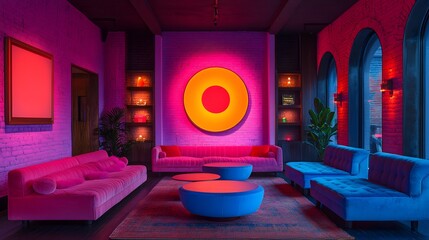 Luxe lounge with neon pink decor, electric blue furniture, and striking modern art