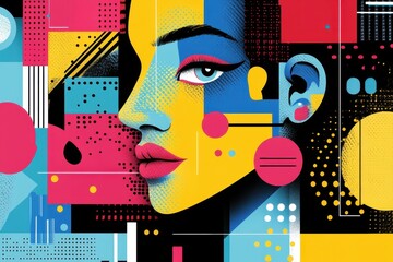 Wall Mural - Vibrant Abstract Portrait of a Woman Featuring Bold Geometric Shapes and Bright Colors Emphasizing Creativity and Modern Art Influences