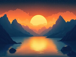 Wall Mural - Serene Sunset Over Majestic Mountain Ranges Reflecting in Tranquil Lake Under a Starry Sky, Capturing Natural Splendor and Atmospheric Beauty