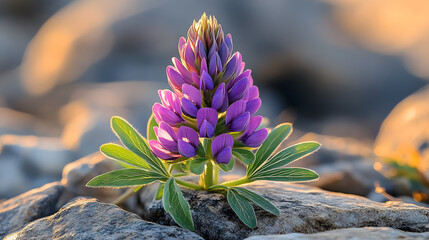 Poster - A vibrant purple flower blooms amidst stones, showcasing delicate petals and green leaves, beautifully illuminated by natural light