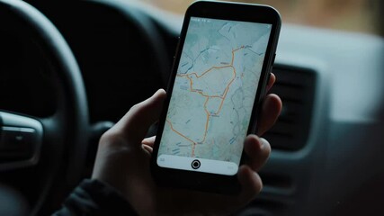 Poster - Tourist using mobile gps navigation while driving, discovering unfamiliar routes during road trip with slow motion capturing technological journey and travel experience