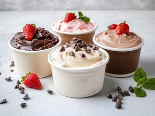 Wall Mural - Assorted Ice Cream Flavors in Cups with Strawberries and Chocolate Chips