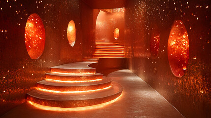 Poster - A glowing, surreal corridor with illuminated steps and warm orange accents, creating an otherworldly atmosphere
