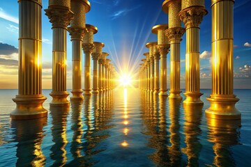 Wall Mural - Golden Pillars Shimmering Above a Calm Ocean:  Mystical Seascape Stock Photo