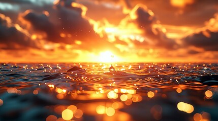 Wall Mural - golden hour sunset: water droplet's gentle dance on the ocean's surface, reflecting the fiery hues o