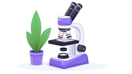 Wall Mural - Pixel art style illustration of a microscope and a potted plant. The microscope is a light purple and white, with a simple design.  The plant is a