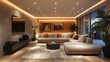 © Sopacha - Elegant living room blending vintage wooden furniture with sleek modern accents and soft lighting
