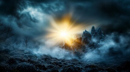 Aufkleber - Dramatic sunrise breaking through mist over rugged mountains nature scene atmospheric landscape ethereal viewpoint