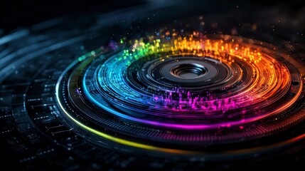 Poster - Rhythmic spinning concentric circles digital art abstract colorful environment close-up view visual harmony