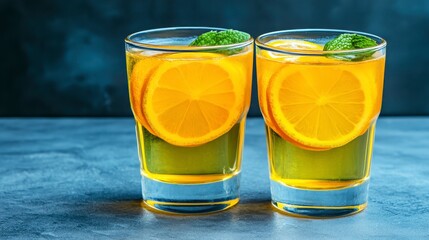 Sticker - Two short glasses filled with a light orange, citrus infused drink. Slices of fresh orange and sprigs of mint are visible in each glass. The drinks