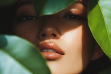 Captivating close-up of a woman's face partially obscured by lush green leaves in soft natural light