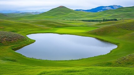 Poster - Peaceful landscape scene of a tranquil, oval shaped pond nestled amidst a vibrant green field, surrounded by gently rolling hills. The water reflects