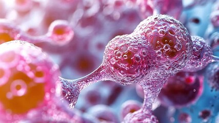 Aufkleber - Cellular Structures: Microscopic view of interconnected cells, vibrant pink and purple hues, detailed textures, abstract shapes, scientific imagery, biological research.