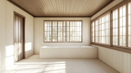 Wall Mural - Sunlit minimalist bathroom design, wooden accents, serene view