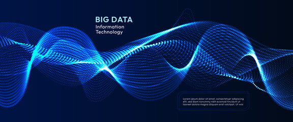 Fototapete - Digital line curve, wave on dark blue background. Futuristic, technology, abstract concept.