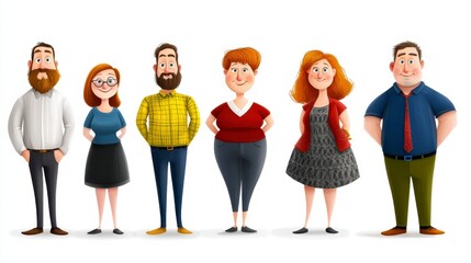 Poster - diverse group of cartoon characters, various colors and clothing, full body, standing in a row on a 