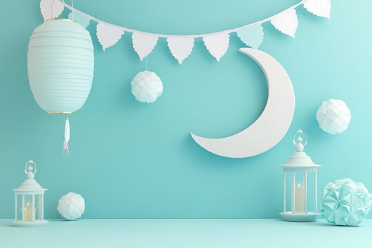 3d rendering image of ramadan and eid fitr theme greeting background with islamic decoration objects.3d Ramadan Kareem with golden moon star and lantern, mosque door islamic pattern, arabic coffee 
