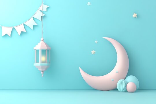 3d rendering image of ramadan and eid fitr theme greeting background with islamic decoration objects.3d Ramadan Kareem with golden moon star and lantern, mosque door islamic pattern, arabic coffee 