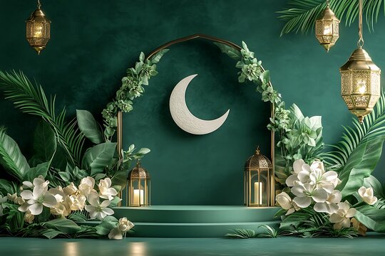 3d rendering image of ramadan and eid fitr theme greeting background with islamic decoration objects.3d Ramadan Kareem with golden moon star and lantern, mosque door islamic pattern, arabic coffee 