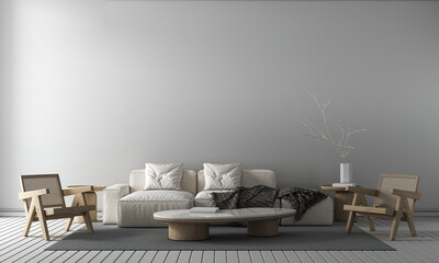 Wall Mural - Home and decor and modern white living room interior design and white sofa and wooden chairs and empty white wall background. 3D rendering. 