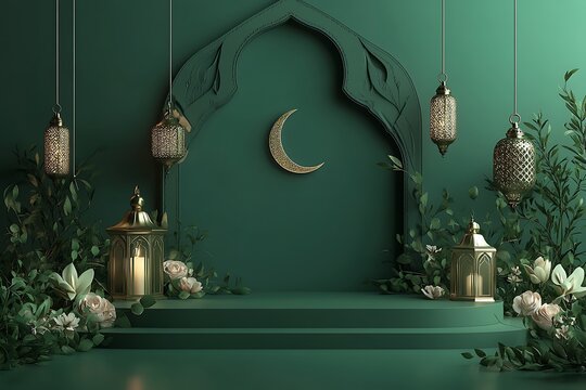 3d rendering image of ramadan and eid fitr theme greeting background with islamic decoration objects.3d Ramadan Kareem with golden moon star and lantern, mosque door islamic pattern, arabic coffee 