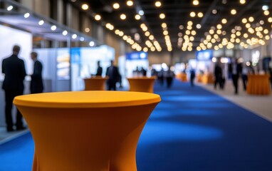 Wall Mural - Corporate Exhibition at Dusk: A business trade show set in a spacious hall, with the background blurred and only silhouettes of people walking between booths. 