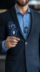 Poster - a businessman touches a digital location icon on a virtual screen, showcasing a global network with 