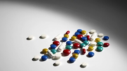 Poster - Rotating pharmaceutical pills and capsules displaying vibrant colors spinning against pristine white surface, creating mesmerizing stop motion visual sequence highlighting medical product diversity