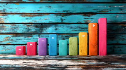 Poster - A colorful bar graph displayed against a rustic wooden background, representing data visualization and growth